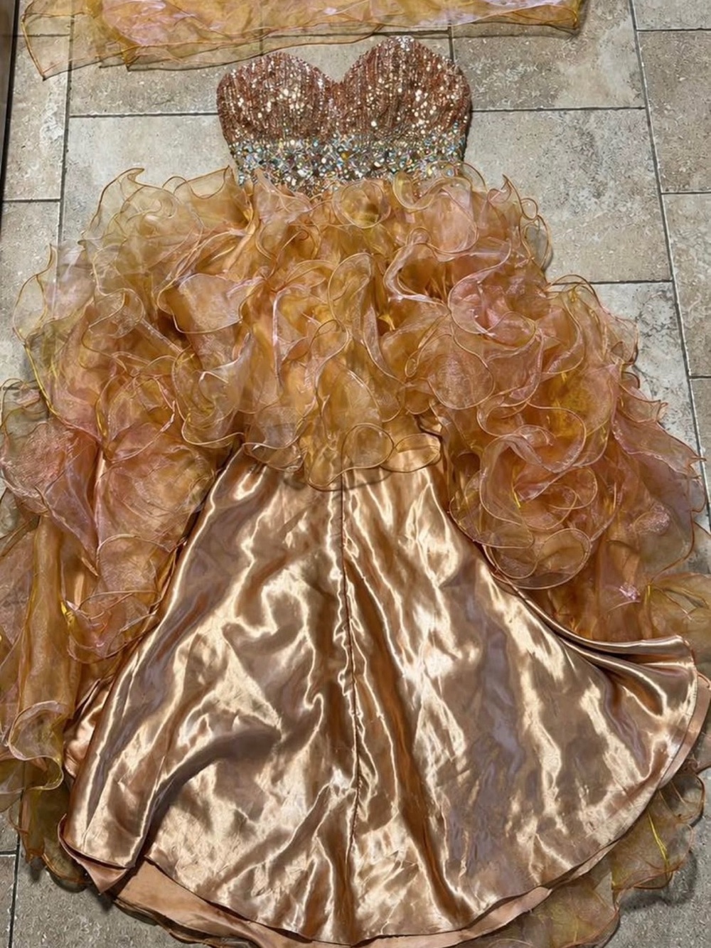 Women’s sunset orange gold and pink ruffle sequins prom dress